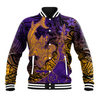Hawaiian Volcano and Shark Baseball Jacket Polynesian and Hibiscus Pattern Purple Yellow Gradient