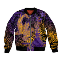 Hawaiian Volcano and Shark Bomber Jacket Polynesian and Hibiscus Pattern Purple Yellow Gradient