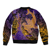 Hawaiian Volcano and Shark Bomber Jacket Polynesian and Hibiscus Pattern Purple Yellow Gradient