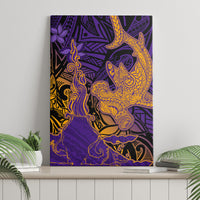 Hawaiian Volcano and Shark Canvas Wall Art Polynesian and Hibiscus Pattern Purple Yellow Gradient