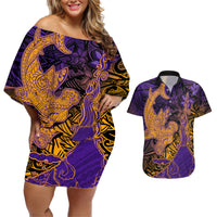 Hawaiian Volcano and Shark Couples Matching Off Shoulder Short Dress and Hawaiian Shirt Polynesian and Hibiscus Pattern Purple Yellow Gradient LT03 Purple - Polynesian Pride