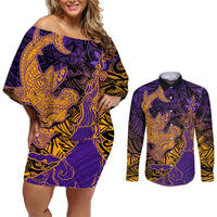 Hawaiian Volcano and Shark Couples Matching Off Shoulder Short Dress and Long Sleeve Button Shirt Polynesian and Hibiscus Pattern Purple Yellow Gradient LT03 Purple - Polynesian Pride