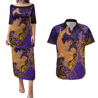 Hawaiian Volcano and Shark Couples Matching Puletasi and Hawaiian Shirt Polynesian and Hibiscus Pattern Purple Yellow Gradient LT03 Purple - Polynesian Pride