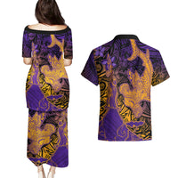 Hawaiian Volcano and Shark Couples Matching Puletasi and Hawaiian Shirt Polynesian and Hibiscus Pattern Purple Yellow Gradient LT03 - Polynesian Pride