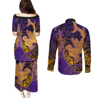 Hawaiian Volcano and Shark Couples Matching Puletasi and Long Sleeve Button Shirt Polynesian and Hibiscus Pattern Purple Yellow Gradient