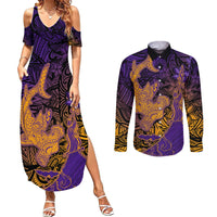 Hawaiian Volcano and Shark Couples Matching Summer Maxi Dress and Long Sleeve Button Shirt Polynesian and Hibiscus Pattern Purple Yellow Gradient LT03 Purple - Polynesian Pride