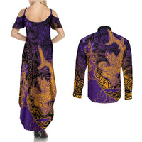 Hawaiian Volcano and Shark Couples Matching Summer Maxi Dress and Long Sleeve Button Shirt Polynesian and Hibiscus Pattern Purple Yellow Gradient LT03 - Polynesian Pride