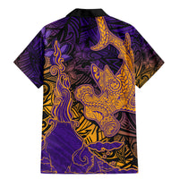 Hawaiian Volcano and Shark Family Matching Mermaid Dress and Hawaiian Shirt Polynesian and Hibiscus Pattern Purple Yellow Gradient
