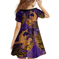 Hawaiian Volcano and Shark Family Matching Off The Shoulder Long Sleeve Dress and Hawaiian Shirt Polynesian and Hibiscus Pattern Purple Yellow Gradient