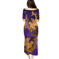 Hawaiian Volcano and Shark Family Matching Puletasi and Hawaiian Shirt Polynesian and Hibiscus Pattern Purple Yellow Gradient