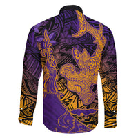 Hawaiian Volcano and Shark Family Matching Short Sleeve Bodycon Dress and Hawaiian Shirt Polynesian and Hibiscus Pattern Purple Yellow Gradient