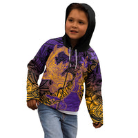 Hawaiian Volcano and Shark Kid Hoodie Polynesian and Hibiscus Pattern Purple Yellow Gradient