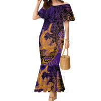 Hawaiian Volcano and Shark Mermaid Dress Polynesian and Hibiscus Pattern Purple Yellow Gradient LT03 Women Purple - Polynesian Pride