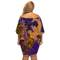 Hawaiian Volcano and Shark Off Shoulder Short Dress Polynesian and Hibiscus Pattern Purple Yellow Gradient LT03 - Polynesian Pride