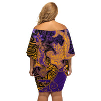 Hawaiian Volcano and Shark Off Shoulder Short Dress Polynesian and Hibiscus Pattern Purple Yellow Gradient LT03 - Polynesian Pride