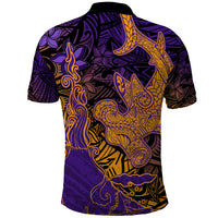 Hawaiian Volcano and Shark Polo Shirt Polynesian and Hibiscus Pattern Purple Yellow Gradient