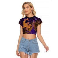 Hawaiian Volcano and Shark Raglan Cropped T Shirt Polynesian and Hibiscus Pattern Purple Yellow Gradient
