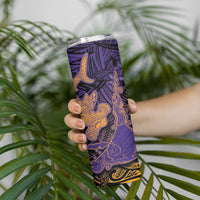 Hawaiian Volcano and Shark Skinny Tumbler Polynesian and Hibiscus Pattern Purple Yellow Gradient