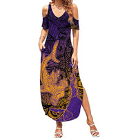 Hawaiian Volcano and Shark Summer Maxi Dress Polynesian and Hibiscus Pattern Purple Yellow Gradient LT03 Women Purple - Polynesian Pride