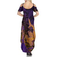 Hawaiian Volcano and Shark Summer Maxi Dress Polynesian and Hibiscus Pattern Purple Yellow Gradient