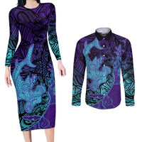 Hawaiian Volcano and Shark Couples Matching Long Sleeve Bodycon Dress and Long Sleeve Button Shirt Polynesian and Hibiscus Pattern Purple Cyan Gradient LT03 Purple - Polynesian Pride