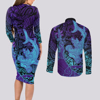 Hawaiian Volcano and Shark Couples Matching Long Sleeve Bodycon Dress and Long Sleeve Button Shirt Polynesian and Hibiscus Pattern Purple Cyan Gradient LT03 - Polynesian Pride