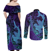 Hawaiian Volcano and Shark Couples Matching Off Shoulder Maxi Dress and Long Sleeve Button Shirt Polynesian and Hibiscus Pattern Purple Cyan Gradient