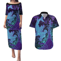 Hawaiian Volcano and Shark Couples Matching Puletasi and Hawaiian Shirt Polynesian and Hibiscus Pattern Purple Cyan Gradient LT03 Purple - Polynesian Pride