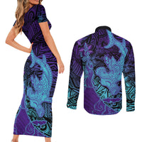 Hawaiian Volcano and Shark Couples Matching Short Sleeve Bodycon Dress and Long Sleeve Button Shirt Polynesian and Hibiscus Pattern Purple Cyan Gradient LT03 - Polynesian Pride