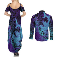 Hawaiian Volcano and Shark Couples Matching Summer Maxi Dress and Long Sleeve Button Shirt Polynesian and Hibiscus Pattern Purple Cyan Gradient LT03 - Polynesian Pride