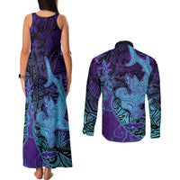 Hawaiian Volcano and Shark Couples Matching Tank Maxi Dress and Long Sleeve Button Shirt Polynesian and Hibiscus Pattern Purple Cyan Gradient LT03 - Polynesian Pride