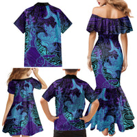 Hawaiian Volcano and Shark Family Matching Mermaid Dress and Hawaiian Shirt Polynesian and Hibiscus Pattern Purple Cyan Gradient