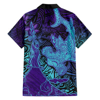 Hawaiian Volcano and Shark Family Matching Short Sleeve Bodycon Dress and Hawaiian Shirt Polynesian and Hibiscus Pattern Purple Cyan Gradient