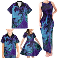 Hawaiian Volcano and Shark Family Matching Tank Maxi Dress and Hawaiian Shirt Polynesian and Hibiscus Pattern Purple Cyan Gradient
