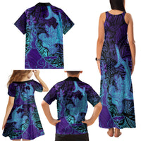 Hawaiian Volcano and Shark Family Matching Tank Maxi Dress and Hawaiian Shirt Polynesian and Hibiscus Pattern Purple Cyan Gradient