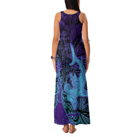 Hawaiian Volcano and Shark Family Matching Tank Maxi Dress and Hawaiian Shirt Polynesian and Hibiscus Pattern Purple Cyan Gradient