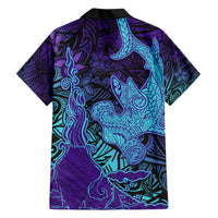Hawaiian Volcano and Shark Hawaiian Shirt Polynesian and Hibiscus Pattern Purple Cyan Gradient