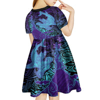 Hawaiian Volcano and Shark Kid Short Sleeve Dress Polynesian and Hibiscus Pattern Purple Cyan Gradient
