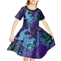 Hawaiian Volcano and Shark Kid Short Sleeve Dress Polynesian and Hibiscus Pattern Purple Cyan Gradient