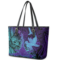 Hawaiian Volcano and Shark Leather Tote Bag Polynesian and Hibiscus Pattern Purple Cyan Gradient