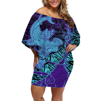 Hawaiian Volcano and Shark Off Shoulder Short Dress Polynesian and Hibiscus Pattern Purple Cyan Gradient LT03 Women Purple - Polynesian Pride