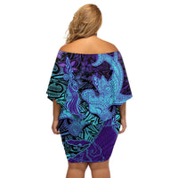 Hawaiian Volcano and Shark Off Shoulder Short Dress Polynesian and Hibiscus Pattern Purple Cyan Gradient LT03 - Polynesian Pride