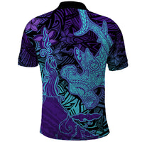 Hawaiian Volcano and Shark Polo Shirt Polynesian and Hibiscus Pattern Purple Cyan Gradient