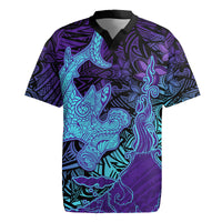 Hawaiian Volcano and Shark Rugby Jersey Polynesian and Hibiscus Pattern Purple Cyan Gradient