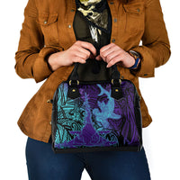 Hawaiian Volcano and Shark Shoulder Handbag Polynesian and Hibiscus Pattern Purple Cyan Gradient