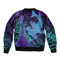 Hawaiian Volcano and Shark Sleeve Zip Bomber Jacket Polynesian and Hibiscus Pattern Purple Cyan Gradient LT03 - Polynesian Pride