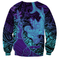 Hawaiian Volcano and Shark Sweatshirt Polynesian and Hibiscus Pattern Purple Cyan Gradient LT03 - Polynesian Pride