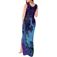 Hawaiian Volcano and Shark Tank Maxi Dress Polynesian and Hibiscus Pattern Purple Cyan Gradient LT03 - Polynesian Pride