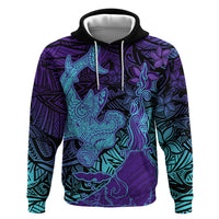 Hawaiian Volcano and Shark Zip Hoodie Polynesian and Hibiscus Pattern Purple Cyan Gradient