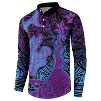 Hawaiian Volcano and Shark Button Sweatshirt Polynesian and Hibiscus Pattern Violet Gradient